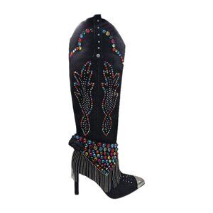Gianni Bini Women's Boots Size 6.5 Kaitlin Rhinestone Fringe Denim Cowboy Black